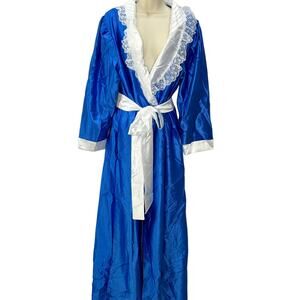 Vintage Fantasy Nightwear by Janice Lee Satin & Lace Robe Blue White Size L